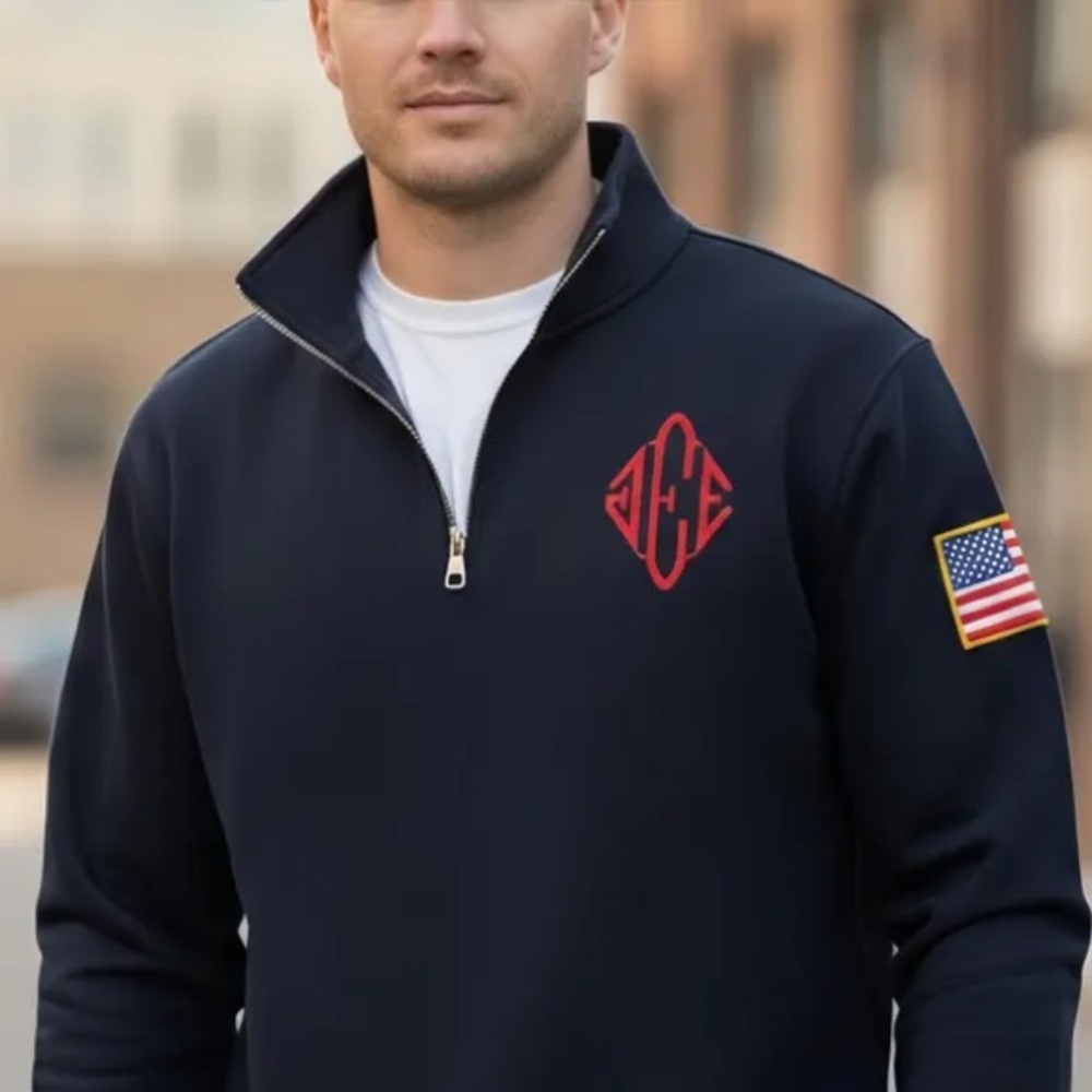 Navy Quarter-Zip Pullover with Red Monogram and Flag Patch